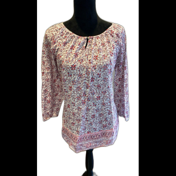 Chaps Tops - Chaps Blouse Size Large 100% Cotton Red Blue Paisley Blouse Gathered Neckline